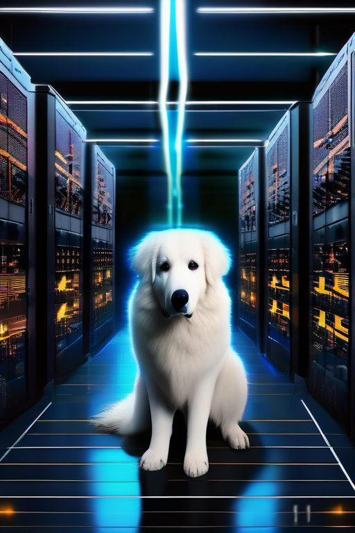 OSCAR, a Great Pyrenees, standing guard in a server room